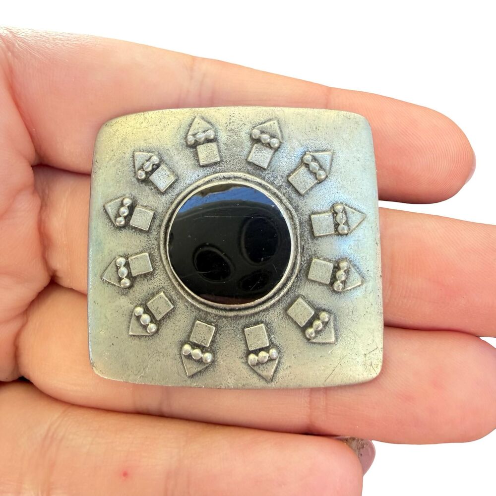 Vintage Jewelry Silver Tone and Black Stone Brooch Aztec Pin